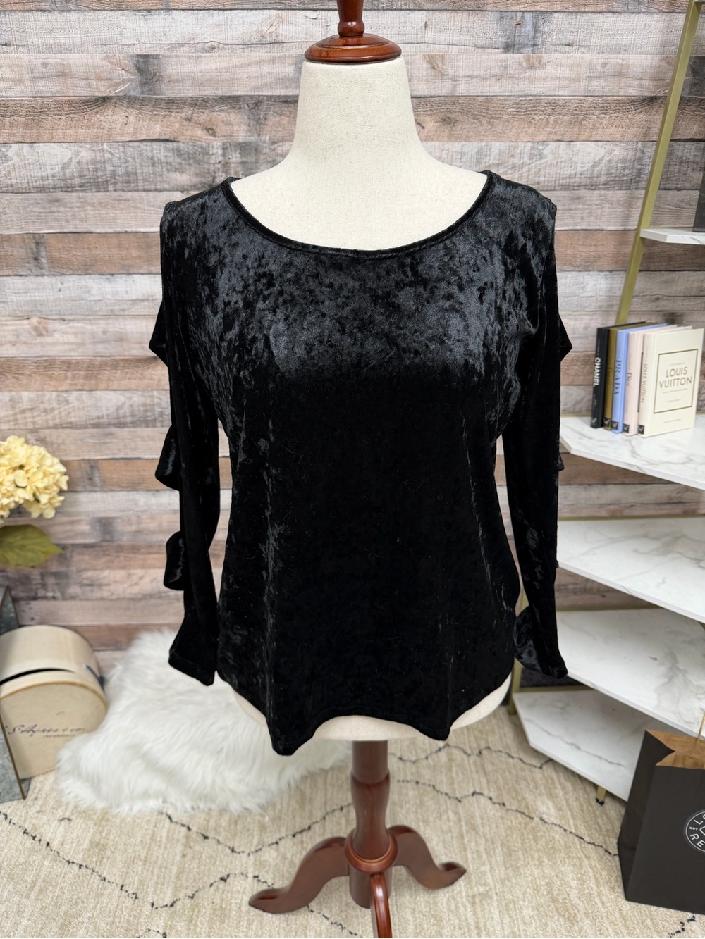 Forgotten Grace Black Velvet Cold Shoulder Top L